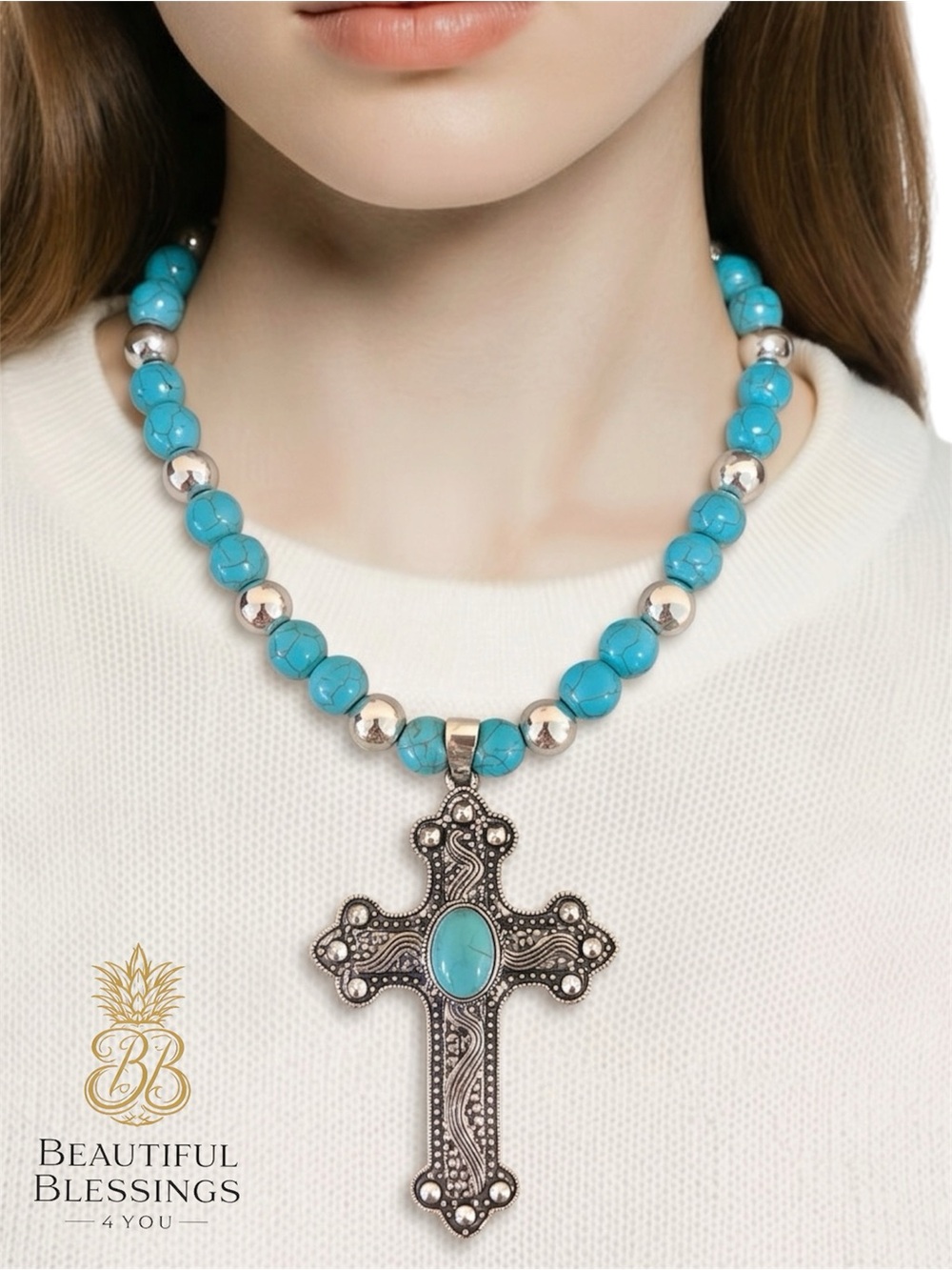 Western Turquoise Cross Necklace Boho Southwestern Statement Silver Beaded NWOT